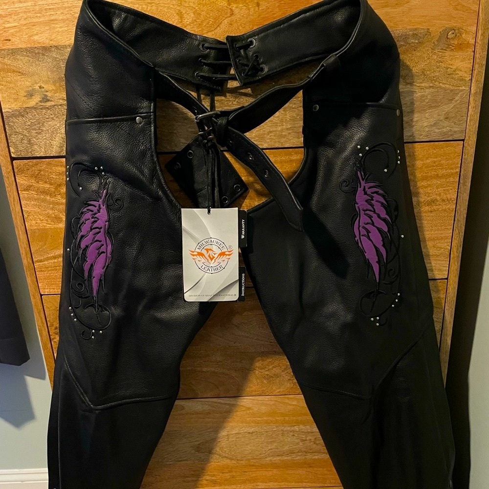 Milwaukee Leather Chaps for Women Classic Black and Purple Wing Embroidery